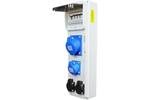 RoadEu - Power Distribution Box - CEE 32Amp, 16Amp Socket 3P and 2X 13 Amp Socket - Monophase Wall Combination Sockets with Circuit Breakers and RCD, Includes 32A, 16A and 13Amp MCB