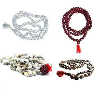 KRIWIN® 4 Mala Combo of Sphatik mala, Lal Chandan Scented mala, Vaijayanti Mala & Tulsi mala with Free Japa Bag