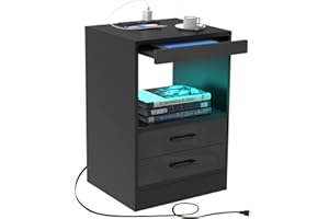 Lvhecforhm Nachttisch, Nachttisch mit Steckdosen und USB-Anschlüsse, Nachttisch mit LED Licht 16Farben Beleuchtung, Schwarz Nachttisch mit Ladestationm, Nachttisch mit Schublade und Offenen Fächern
