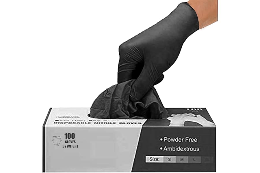 PRAIMA Black Nitrile Disposable Gloves - Latex-Free, Powder-Free, Pack of 100, Strong and Puncture-Resistant, Medical, Food Handling, Tatoo Barber Shop Gloves (Medium)