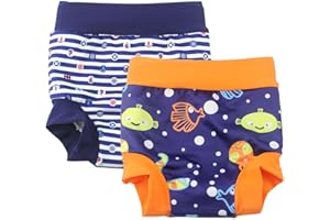 BABYPREG Baby Child Swimming Briefs Cover Nappy with High Waist Abdominal Protection Swimming Shorts (Blue Fish + Navy, 3-5 Years)