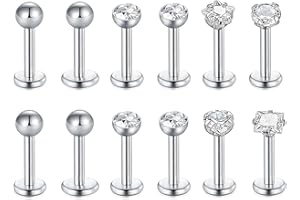 Syylqyr 12 Pcs Jewellery Tragus Earrings Set, Helix Lip Piercing Jewellery, Gold Cartilage Earrings Studs, Internal Thread Helix Lip Piercing Jewellery Flat Back Earring