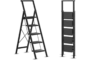 ENKIS 5-Step Folding Ladder with Handrail, Prime Quality Carbon Steel Multi-Use Foldable 5-Step Ladder for Home, Maximum Load 150KG, with Anti-Slip Wide Pedals, Home/Kitchen/Workshop/Garden Essential