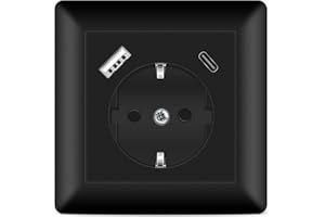 Kaifire Enchufe con conector USB y puerto tipo C (máx. 3,4 A) con protección de contacto, adaptador Schuko USB, enchufe empotrado, 1 enchufe, color negro, en enchufe estándar empotrado para smartphone