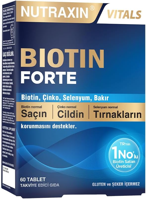 Nutraxin Biotin Forte – 5000 mcg Biotin, Çinko, Bakır ve Selenyum İçeren Saç, Cilt ve Tırnak Tableti – 60 Tablet – Vegan