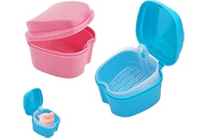 HLBKPX 2 Pcs Retainer Case, Denture Box, Denture Bath Case Orthodontic Dental Retainer Box False Teeth Bath Box Denture Cleanning Set for Storing Soaking Dentures Cleaning Box with Filter(Pink,Blue)
