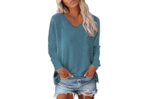 Zueauns Damen Langarmshirt Baumwolle Oberteile Langarm Shirt V Ausschnitt Oberteil Lose Longsleeve T-Shirt Lässig Pullover Sweatshirt Basic Tshirt Tunika Top Bluse Einfarbig Casual T-Shirts