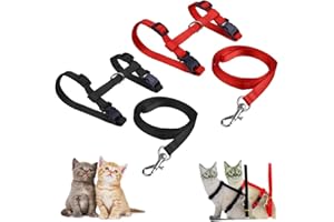 Morices 2 Pack Cat Harness and Leash, Adjustable Comfortable Nylon Pet Strap Collar with Leash, Escape Proof Safety Rope Leads Chest Strap for Kitten Puppy Rabbits Walking Training (Black & Red)