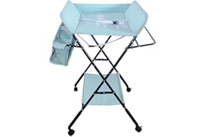 THINFAR Table à langer pliante, table à langer avec panier de rangement, ceinture de sécurité et 4 roues avec frein, réglable en hauteur 74 x 63 x 92-98 cm (A/Bleu)
