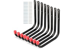 Moundnaik Robuste Garagen-Aufbewahrungshaken, 17 cm, Leiterhaken für Gartenwerkzeug, Fahrrad, Stuhl, Schlauch, Außen- oder Innenbereich, 8 Stück (Schwarz + Rot, 17 cm x 17 cm)