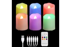 FREEPOWER 6 Candele LED Ricaricabili RGB con Telecomando Timer Fiamma Tremolante, Cambia Colore Lumini LED Elettriche con Cavo USB, Dimmerabili, Decorazione per Natale Halloween, 4 x 4.5cm
