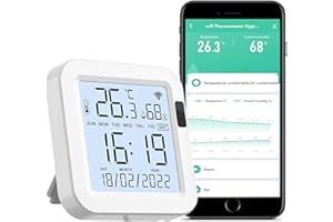 SENCKIT Moniteur de température d'humidité WiFi:capteur intelligent de température et d'humidité avec,avec lumière d'induction PIR et avertissement APP,thermomètre intérieur hygromètre,fonctionne avec Alexa