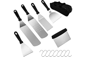 RAINPOP 6-Teiliges Grillspachtel Set, Grillbesteck und BBQ Plancha Zubehör Set, Edelstahl Pfannenwender Set, Profi Grill-Spachtel mit S-Haken, Teigschaber zum Grillen im Freien, Grillen, Teppanyaki, Camping