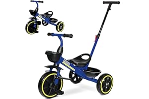 KRIDDO 2-in-1 Kinder Dreirad für 18 Monate bis 5 Jahre - mit verlängerter Schubstange für müheloses Schieben, Kinder 3-5 Jahre, Dreirad mit klappbarer Fußstütze vorne, Blau