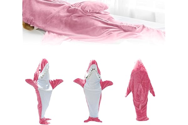 Haj filt huvtröja, bärbar flanell onesie, supermjuk och mysig flanell, sovsäck och filt, kostym för vuxna, tonårsflickor, pojkar, cosplay fest (rosa, 140 cm)