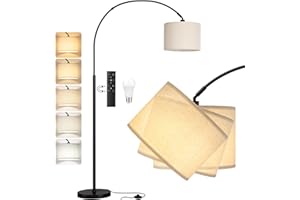 PreeOtti Lampadaire sur Pied Salon, LED E27 Lampe a Pied avec Télécommande, Lampadaire Arc Vintage, 3000K-6000K Intensité Variable pour Salon Chambre Bureau, Abat-jour Beige et Socle Noir, 180cm