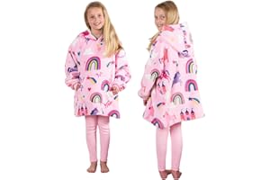 OHS Rainbow Wearable Hoodie Blanket for Girls, Oversized Sherpa Fleece Throw Blanket Kids Hooded Sweatshirt Cosy Wearable Large Fleece Hoodie Gifts for Girls Kids - Pink, One Size