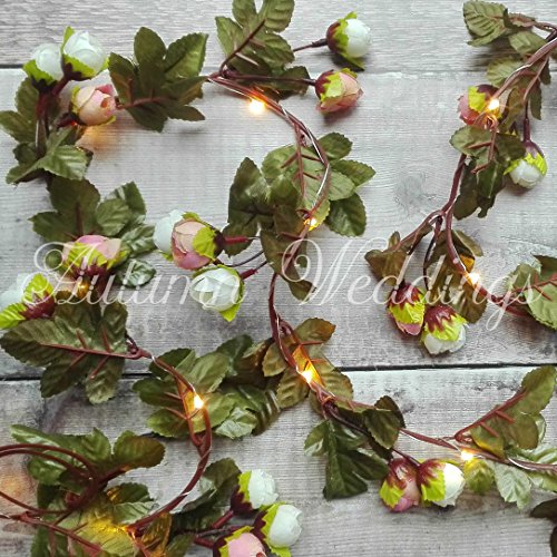 Pale Pink Rose Fairy Lights / String Lights / Garland with Lights - Wedding Decorations - AA Battery Powered - Indoor Leaves - Rose Garland - Flower Garland with Lights - Fairy Lights Bedroom