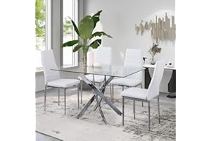 GOLDFAN Goldan - Tavolo da pranzo con 4 sedie, moderno, rettangolare, in vetro, per sala da pranzo, in pelle, colore: bianco…