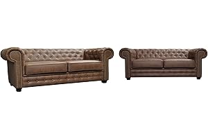 SOFAS AND MORE Astor Chesterfield Style Sofa Set 3+2 Seater Armchair Brown Faux Leather (3+2 Seater)