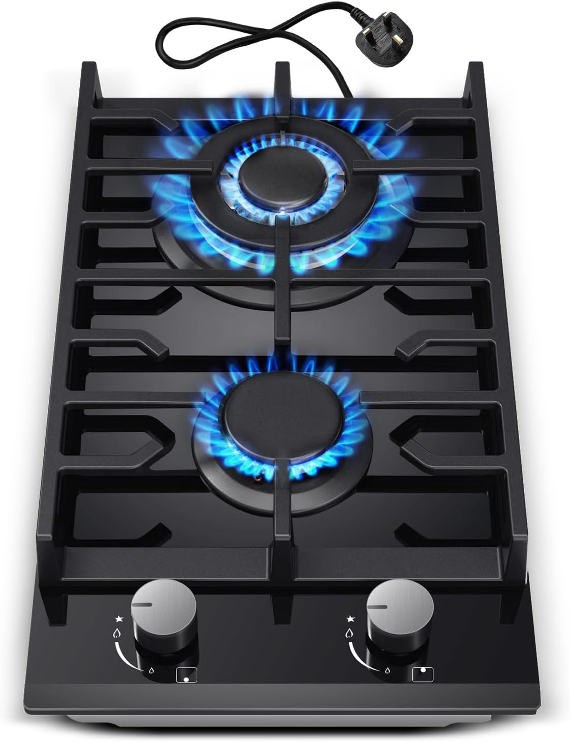 TopStrong Gas Hob 2 burners, 30cm Built in 2 Burners Gas on Glass Hob, NG/LPG Convertible, Flame Out Protection, Cast Iron Supports, 5200W