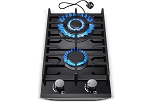 TopStrong Gas Hob 2 burners, 30cm Built in 2 Burners Gas on Glass Hob, NG/LPG Gas Hob Convertible, Gas Cooktop with Flame Out Protection, Cast Iron Supports, 5200W