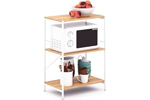 SUHU Scaffale Metallo Ripiano Microonde con 3 Ripiani Scaffale Portaoggetti Salvaspazio Scaffalatura Scaffale a Scala Resistente Scaffale in Piedi per Garage Cucina Soggiorno Bianco Acciaio & Legno