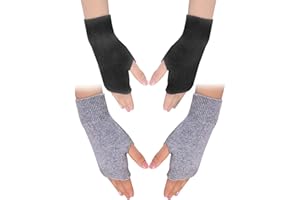 Zngou Cashmere Fingerless Gloves, Wrist Warmers Thumb Hole Warm Half Fingerless Gloves Winter Warm Fingerless Mittens Black and Grey For Men Women Ladies Christmas Gifts