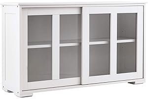 DREAMADE Armadietto da Cucina Laterale Moltiuso, Credenza Salvaspazio 2 Ripiani, con Ante Scorrevoli, in Legno e Vetro Temperato, per Corridoio Soggiorno,106,5x33x62,5 cm (Bianco Crema)