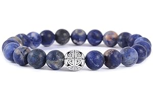 MetJakt Natural 8mm Gemstones Healing Crystal Stretch Beaded Bracelet Bangle with 925 Sterling Silver Double Happiness Pendant