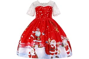 Susenstone Robe De Princesse Fille Ceremonie Anniversaire Robe PèRe NoëL Imprimé en Dentelle Robe Tutu Manche Court De SoiréE NoëL Carnaval 12 Mois - 7 Ans