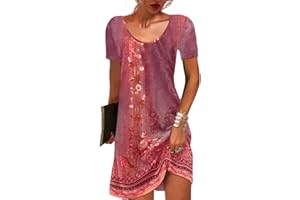 GRMLRPT Damska sukienka z krótkim rękawem z okrągłym dekoltem, Czeska, Kwiatowa Sukienka Minisukienka, swobodna z nadrukiem, tunika na co dzień, S-XXL)