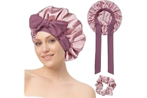 Silkesmössa för att sova, satinmössa nattmössa med elastiskt band, sidenmössa för att sova med scrunchie för kvinnor, flickor, långt, rakt, lockigt hår