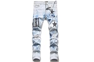 YAODAMAI Jeans Uomo Strappati Ricamo Pentagramma Stretch Pantaloni Gamba Slim Pantaloni Uomo Versatili