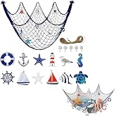 Wafuesh Decorative Fishing Net 100 x 200 cm, Mediterranean Sea Wall Decor with Colors, Seagulls, Spears and Swimming, Handmad