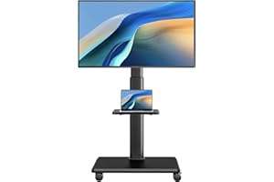 AX WABER Uniwersalny stojak na telewizor podłogowy, przenośny uchwyt na telewizor z kółkami, obrót o 80 stopni, regulacja wysokości do telewizorów LCD LED OLED OLED o przekątnej od 27 do 65 cali, pomieści