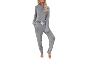 Bunanphy Womens Lounge Wear Pyjamas Set Long Sleeve PJs Casual Crew Neck Sleepwear Jogger With Pockets