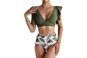Yuson Girl Ruffle Bandeau Halter Bikini Donna Vita Alta,Costume da Bagno Bikini a Due Pezzi Deep V, Mare Swimsuit Push Up Top High Waisted Stampa Bottom