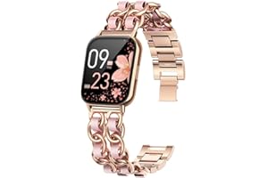 Blueshaweu Damen Kettenbänder Kompatibel mit SWGOTA 2023 Smartwatch Damen 1.85", Edelstahlband Lederschlaufe Ersatzarmband für SWGOTA CS2PRO Smartwatch