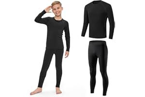 AUYAO Zestawy termiczne warstwy bazowej dla dzieci, sportowy kombinezon kompresyjny dla dzieci, ciepła kompresyjna bielizna termiczna, dziecięca czarna ciepła warstwa bazowa z długim rękawem, zestaw