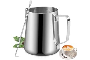 SHOWVIGOR Milk Frothing Pitcher - 20oz/600ml Milk Frother Cup Stainless Steel Jug Steaming Pitcher, Milk Coffee Cappuccino Latte Art Barista Steam Pitchers Milk Jug Cup with Decorating Pen