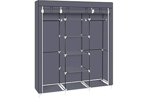 WENYUYU Canvas Wardrobe Portable Wardrobes for Bedroom Portable Wardrobe Shelves Wardrobe Storage Organiser Fabric Wardrobes for Bedroom with Hanging Rails Fabric Closet Folding Wardrobe (Grey)