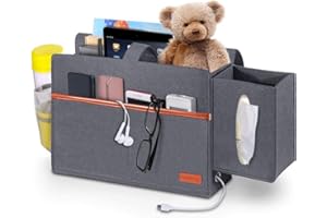 SIMBOOM Bett Tasche Filz Organizer, Bettablage Aufbewahrungstasche mit Tücherbox und Flaschenhalter Anti-Rutsch Nachttisch-Caddy für Buch, Zeitschriften, iPad, Handy, Fernbedienung - Blau Grau