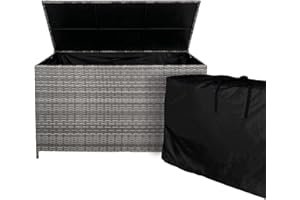 MONSTER SHOP Caja de Almacenamiento de Exterior Ratán 582L GRIS + Bolsa Impermeable | Estructura de Acero | Resistente a los Rayos UV y a diversas condiciones climáticas | Tapa de Elevación Asistida | con Ruedas