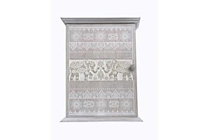 GreyZouq Wooden Key Cabinet Wall Mounted Cupboard. Keyhole shaped window design or elephant carving. Perfect Organiser for Keys. Magnetic Door Closure and Six Hooks (Natural Elephant)
