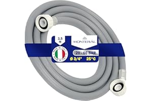 Manguera Lavadora y Lavavajillas 3,5 m para Entrada Agua para Temperaturas de hasta 25°C Presión de 20 a 60 Bar Conexión Recta y Ángulo Ø 3/4" - MADE IN ITALY - MONTERAL