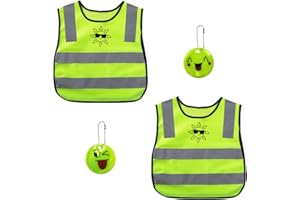 PFLYPF 2 sztuki odblaskowych kamizelek z 2 odblaskowymi breloczkami do kluczy, odblaskowa odzież dla bezpieczeństwa dzieci, świecąca żółta kamizelka odblaskowa, wzór z kreskówki.