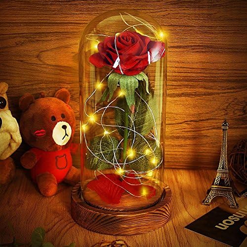Fabric Red Rose in Glass Dome Asommet Led lights Inspired with the Wooden Brown Base Covered for Home Decor Wedding Decorations and Gift Wrapped for Valentines' Day or Mother's Day