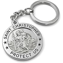 Saint Patron Automobilistes Porte-Clés Saint Christophe Béni - Protection Conducteur - Métal Argenté 3,5 Cm - Cadeau Sécurité Voyage Porte-clés Protecteur Voiture