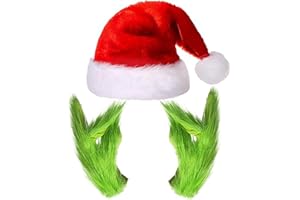 WKPBJX Christmas Costume, Christmas Decorations, 2 Pcs Christmas Furry Green Gloves and Christmas Hat, for Christmas Halloween Carnival Cosplay Costume Props Fancy Dress Mask